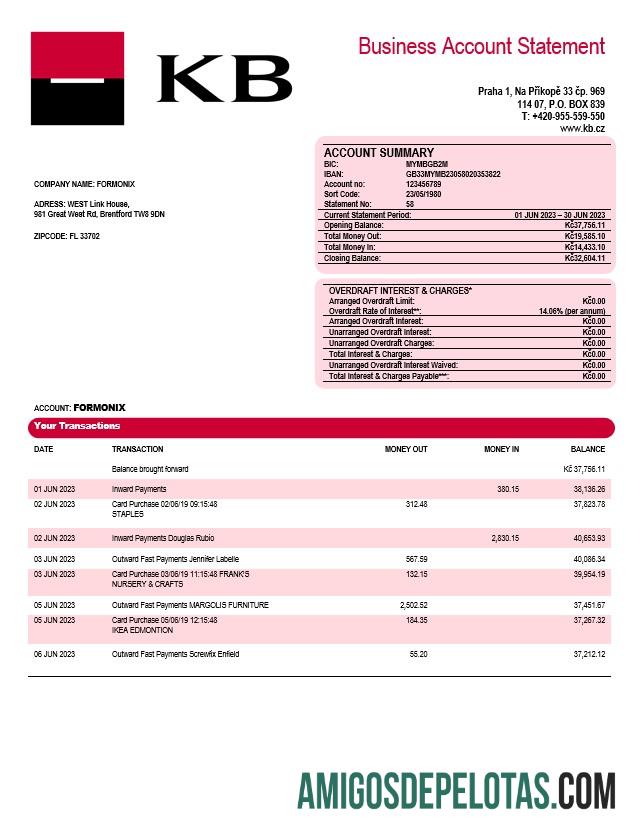 Em branco Komercní Banka Extrato de conta corrente corporativa modelo Word e PDF